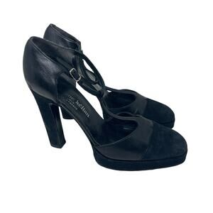 Stephane Kelian Black leather suede T ankle strap block heels 8.5
